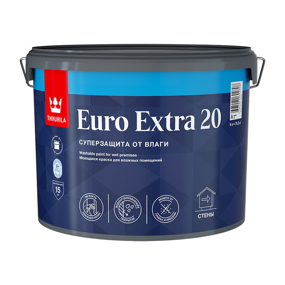 Краска водно-дисперсионная Tikkurila Euro Extra 20 моющаяся белая основа А 9 л — ☎ 8(812)984-04-27