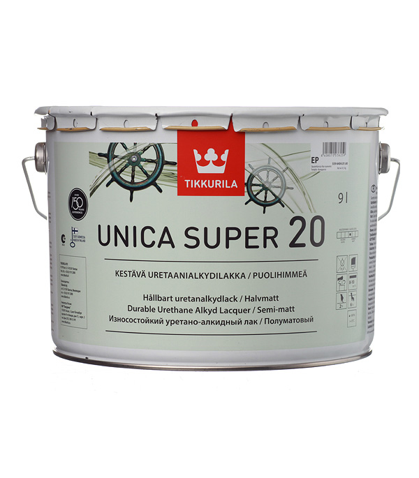 Лак алкидно-уретановый яхтный Tikkurila Unica Super 20 основа EP бесцветный 9 л полуматовый — ☎ 8(812)984-04-27