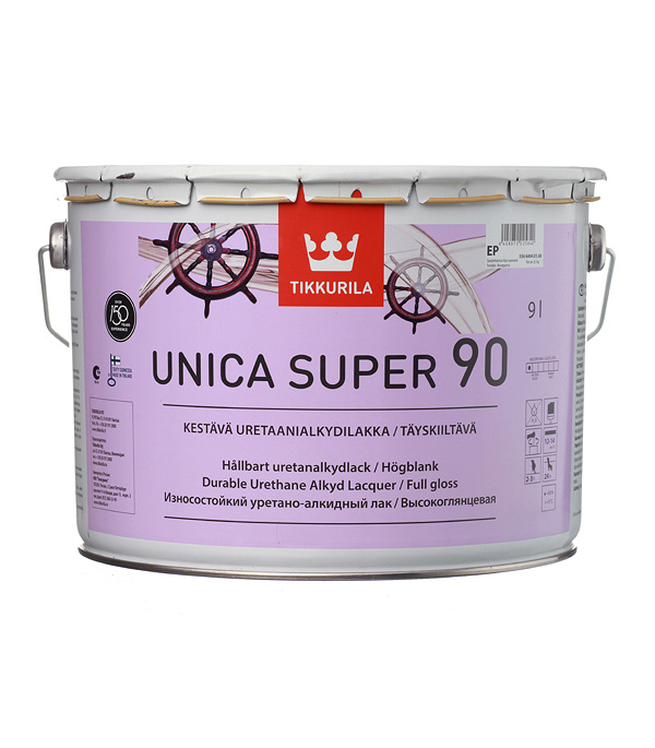 Лак алкидно-уретановый яхтный Tikkurila Unica Super 90 основа EP бесцветный 9 л высокоглянцевый — ☎ 8(812)984-04-27