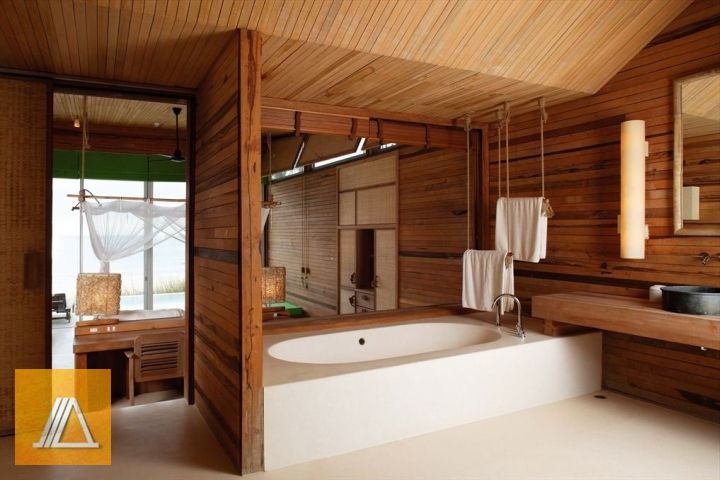 Отделка ванной комнаты деревом (77 фото)